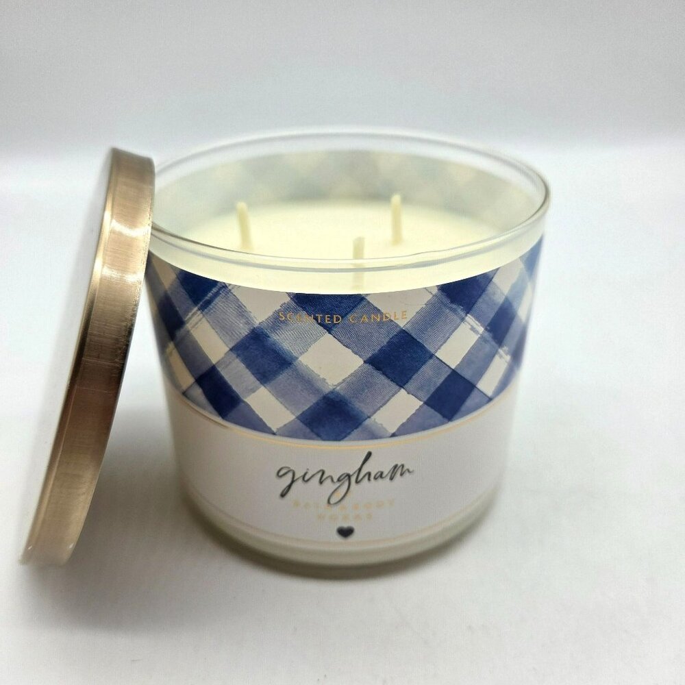 gingham Scented 3-Wick Candle by Bath & Body Works NEW White/Blue